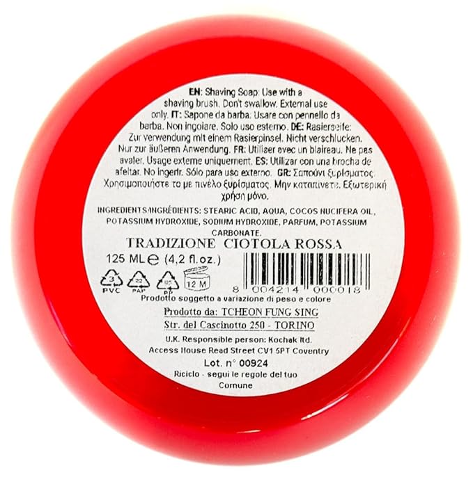 TFS Ciotola Rossa Semi Soft Shaving Soap, Classic Almond Scent 125ml (4.2 oz), Made in Torino Italy since 1945, Creates a Luxurious Lather, For use with a Shave Brush