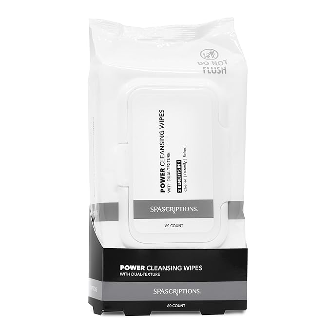 SpaScriptions Power Detox Cleansing Facial Wipes - Dual Textured, Purifying Wipes with Charcoal & Aloe To Cleanse, Detox & Refresh, 3 in 1 Benefit Daily Use Face Wipes, All Skin Types, 1-Pack (60ct)