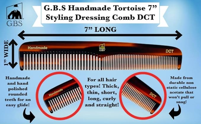GENTS 7 Inch Tortoise Hair Combs Pack of 3 – All Purpose Dressing, Styling & Detangling Combs for Barbers, Stylists & Everyday Hair Care
