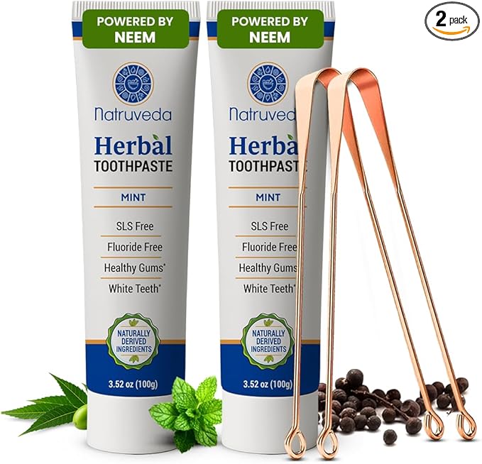 Natruveda Neem Herbal Toothpaste with Complimentary Copper Tongue Scraper | Fluoride Free, SLS Free, Natural Toothpaste for Adults | Ayurvedic Oral Care with Miswak | 3.52 oz (2 Pack)