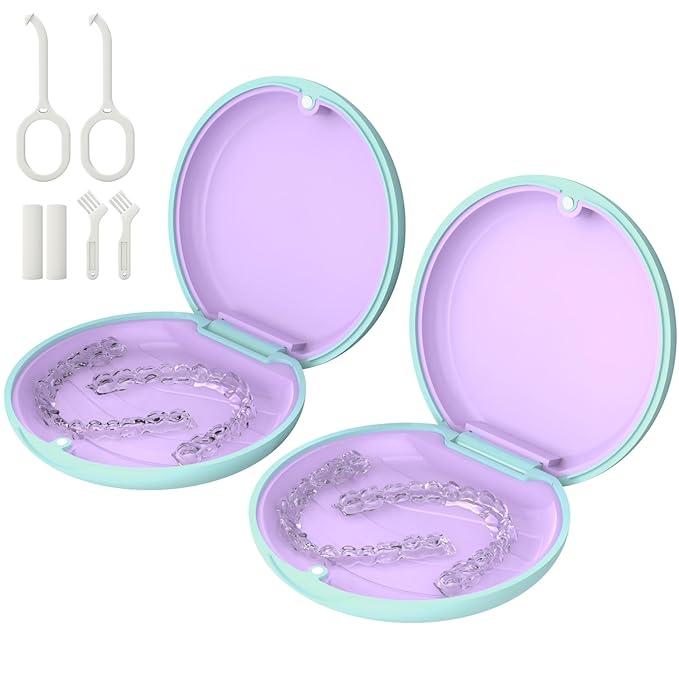 HEMILAB 2 Pack Retainer Case, Compatible with Invisalign, Slim Aligner Case with Removal Tool, Aligner Seaters & Brush, Pocket Size Secure Magnetic Closure for Travel - Sage Green