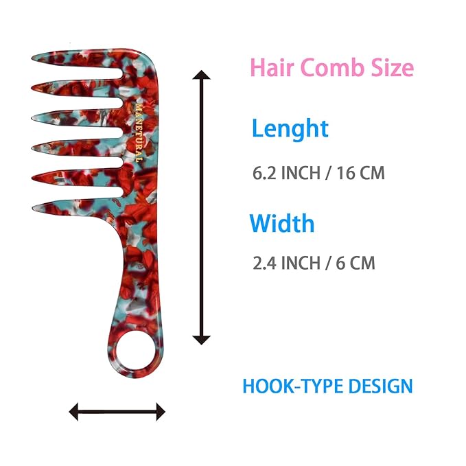 D1 SMALL Wide Tooth Comb and Travel Comb 6.2" for Easy Portability. Suitable for Women's/ Girls' Curly and Tight Hair. Short Handle Design. Acetate (RED)
