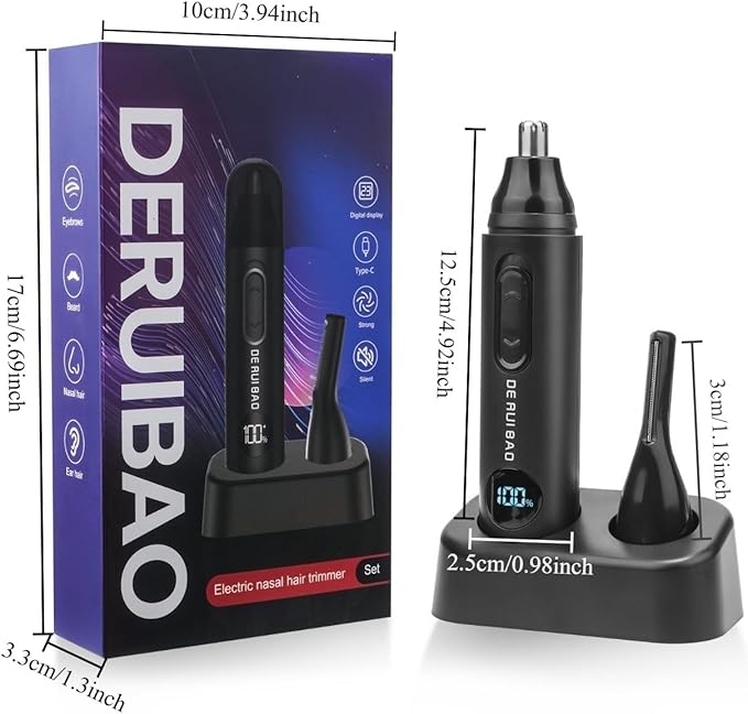 DERUIBAO 2-in-1 Professional Care Set, USB Rechargeable Nose and Ear Hair Trimmer, Beard & Eyebrow Shaver, Men's Personal Care Tool Body Hair Trimming Device Silent Trimming Digital Power Display