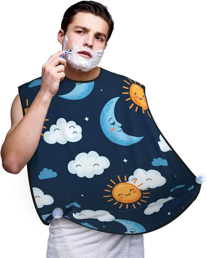 Adjustable Non-Stick Beard Apron, Hair Catcher Cape for Shaving Grooming, Waterproof with Suction Cups Men, Blue Sky Camo Boho Sun Moon Shave Bib