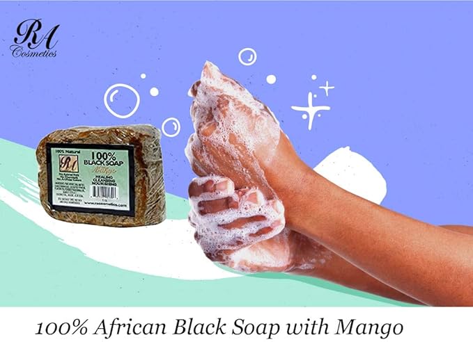 RA Cosmetics 100% Natural African Black Soap, Mango Scent, 5 oz, 141g