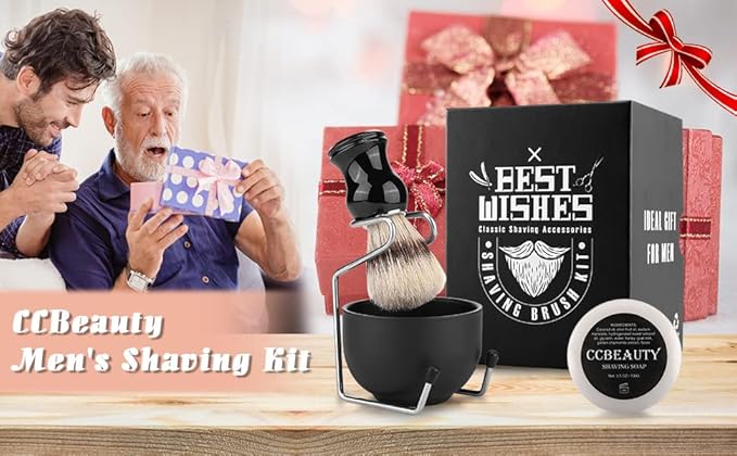 CCbeauty Mens Shaving Brush and Bowl Set, 4-in-1 Bristle Shave Brushes Kit with Stainless Steel Shaving Bowl & Soap Mug, Safety Razor Stand, Birthday Dad Gifts Set for Men, Black Soap 3.5Oz
