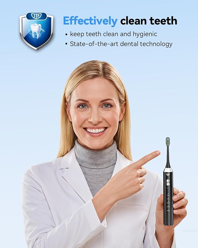 JTF Sonic Electric Toothbrush with UV Sanitizing & Drying: 5 Modes for Effective Yet Gentle Cleaning – with 6 Brush Heads, Rinse Cup, Wireless Charging Base, Rechargeable for Daily Care, Home & Travel