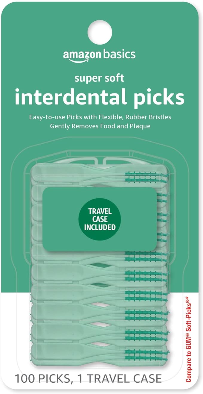 Amazon Basics Super Soft Interdental Picks for Plaque Remover and Teeth Cleaning, Easy to Use with Travel Case Included, 100 Count
