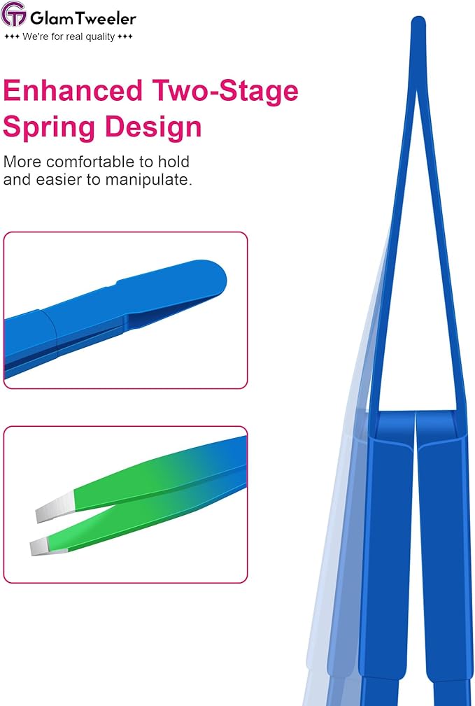 Exclusive G-01 Slant Tip Tweezers, GlamTweeler High Precison Expert Eyebrow and Facial Hair Removal Tweezer with Leather Storage & Carrying Case (Princess Blue & Green)