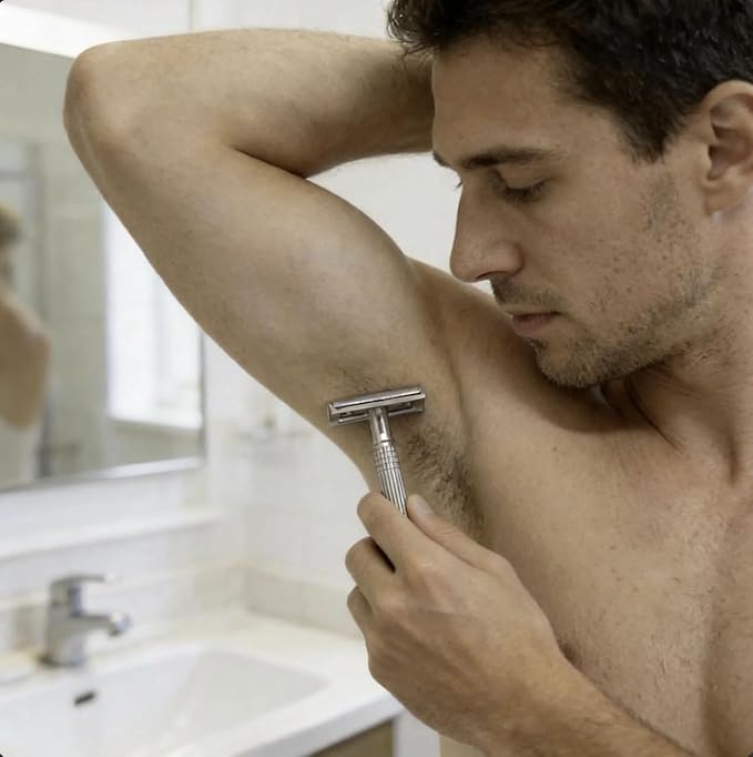 Reusable Double-Edge Safety Razor for Men - Vintage Chrome Short Handle, 8 Stainless Steel Sharp Blades, Smooth Shaving Tool with Mirror Travel Storage Case