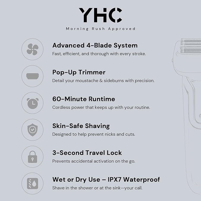 YHC Electric Razor for Men - 4-Blade Electric Foil Shaver with Pop-Up Trimmer, Waterproof, Wet & Dry Use, Cordless & Rechargeable