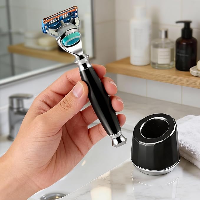 ERAVOR Men's Shaving Razor Stand, Zinc Alloy, Safety Razor Holder Base, Opening Dia 0.75" (1.9cm), Razor Holder for Men (Black)