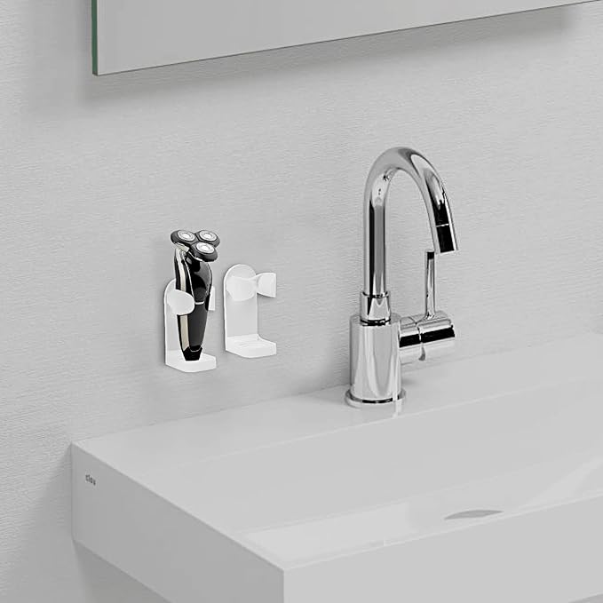 Linkidea 2 Pack Electric Shaver Wall Mount Holder, Self-Adhesive Adjustable Razor Organizer, Compatible with Braun Series 5/6 / 7/9, Bathroom Shower Storage (White)