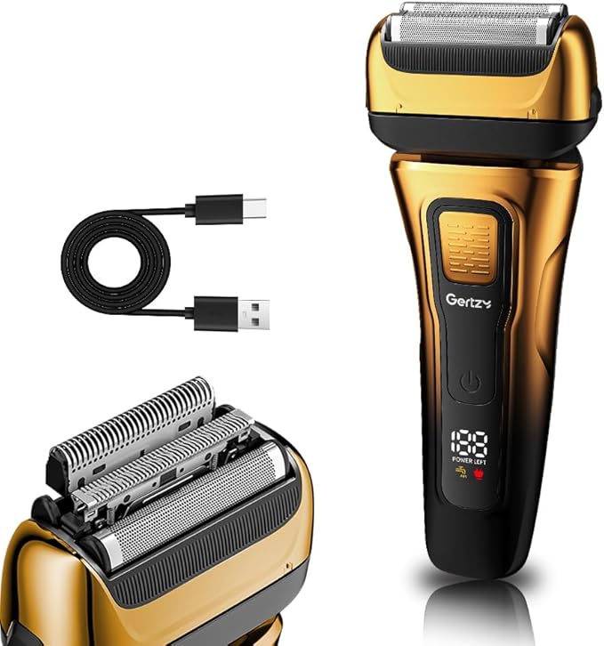 Gertzy Electric Shaver for Men Face, Men's Razor, Cordless Beard Foil Shavers with Pop Up Trimmer, Wet Dry Waterproof Rechargeable Type-C Charging, LED Display (Gold)