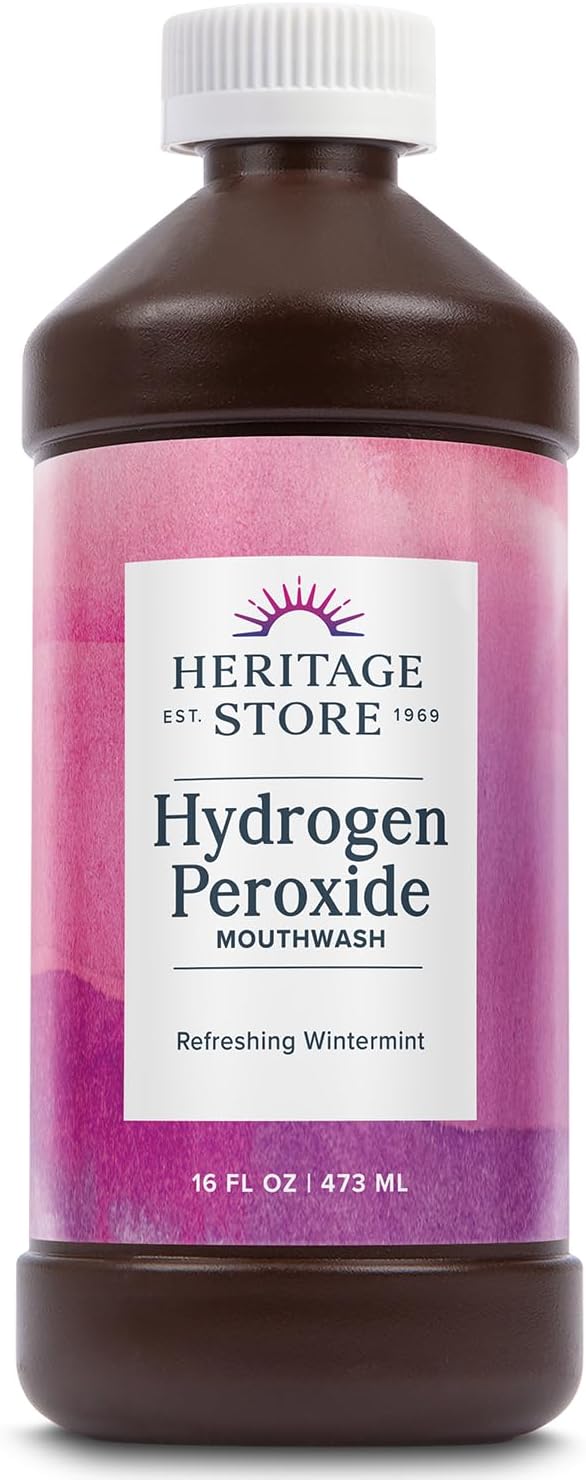 Heritage Store Hydrogen Peroxide Mouthwash, Daily Oral Care, Fresh Mint Mouth Wash - Gentle Bubbling Action for Clean Healthy Gums and a Fresh Mouth, Sweetened w/Xylitol, Cool Wintermint Flavor, 16oz