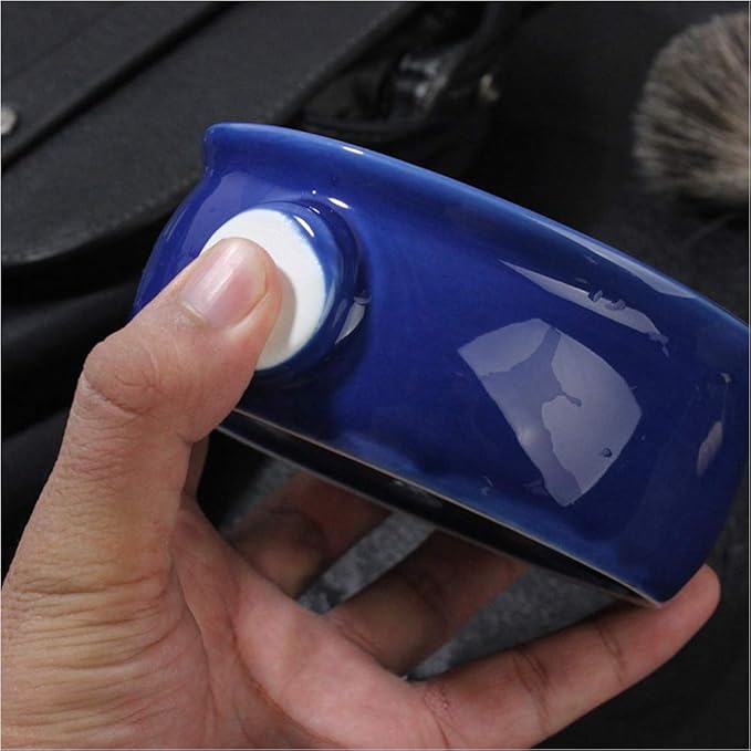 ZJchao Shaving SOAP Bowl HIGH Capacity Ceramic SOAP Cup Men Shaving Convex CONCAVE Spiral Groove Design Easy Foam ARC Closed Non Slip Handle Large (Blue)