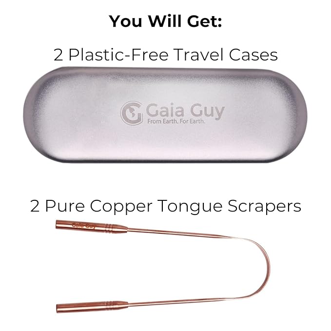 Gaia Guy Copper Tongue Scraper with Metal Case - 2 Pack - Plastic Free Tongue Scrapers for Adults, Tongue Cleaner for Oral Care & Hygiene