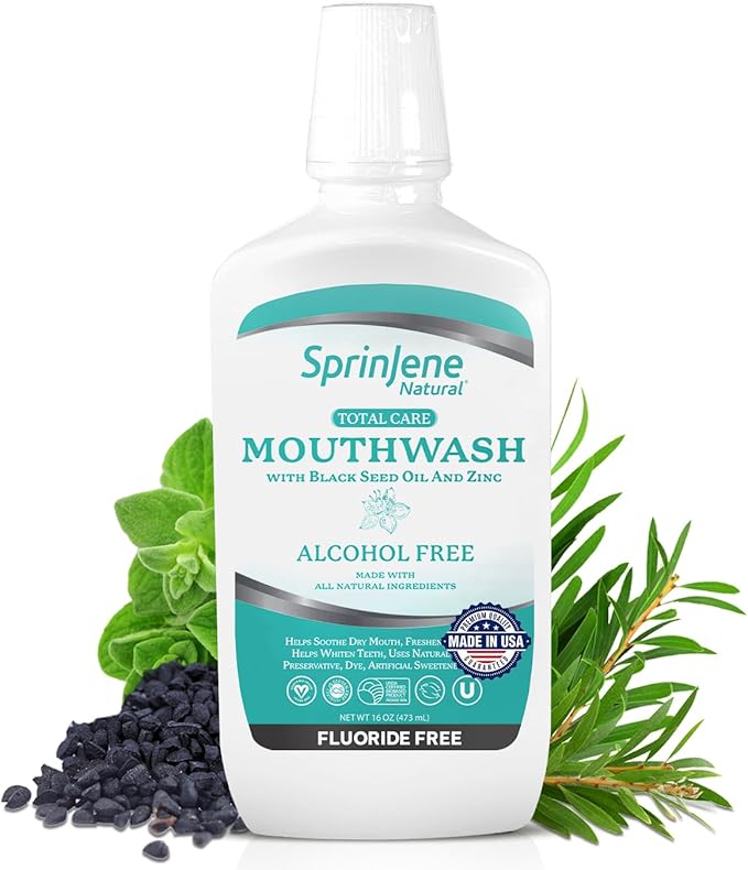 SprinJene Alcohol Free Mouthwash with Xylitol – Fluoride Free Natural Mouthwash for Dry Mouth, Whitening & Fresh Breath – Patented Black Seed Oil & Zinc Formula – Vegan & Made in The USA (1 Pack)