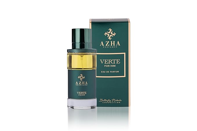 Azha Perfumes Verte Eau de Parfum for Men, Green Spicy Leather Fragrance Spray with Cardamom, Cypress, Violet, Sandalwood & Vanilla, Long Lasting Men's Cologne, Butterfly Nebula Collection, 3.4 Fl Oz