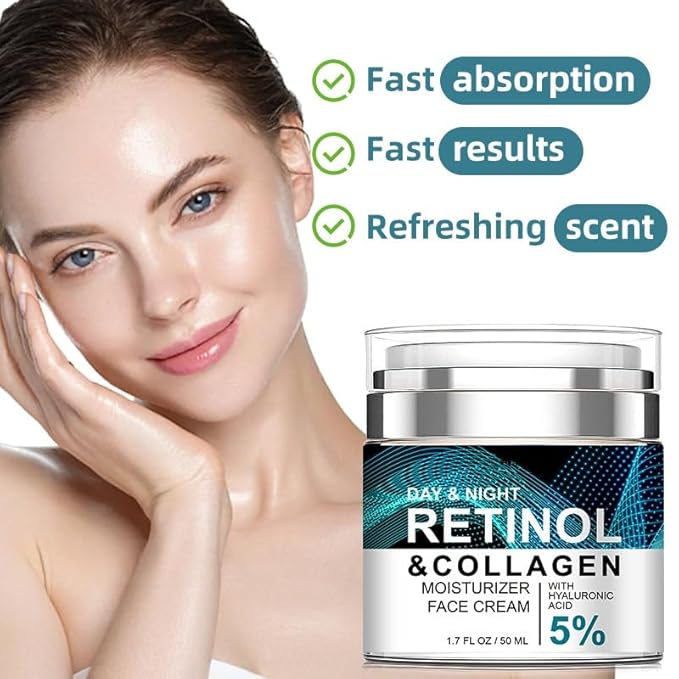 Retinol Cream for Face with Collagen and Hyaluronic Acid, Hydrating Face Lotion, Rapid Wrinkle Repair, Anti Aging Facial Moisturizer Day and Night for Women and Men 1.7Fl Oz