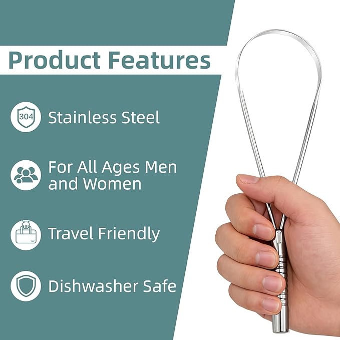 Tongue Scraper for Adults Stainless Steel Tongue Cleaner Brush 2-Packs, Silver