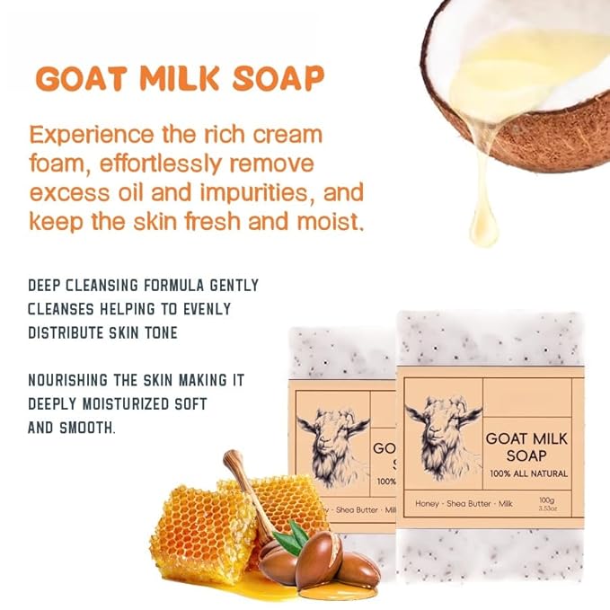Honey Goat Milk Soap Bar for Women & Men - with Shea Butter, Coconut Oil, Triple Milled - Moisturizing & Gentle Cleansing, Creamy Lather, 100g for Soft, Smooth Skin