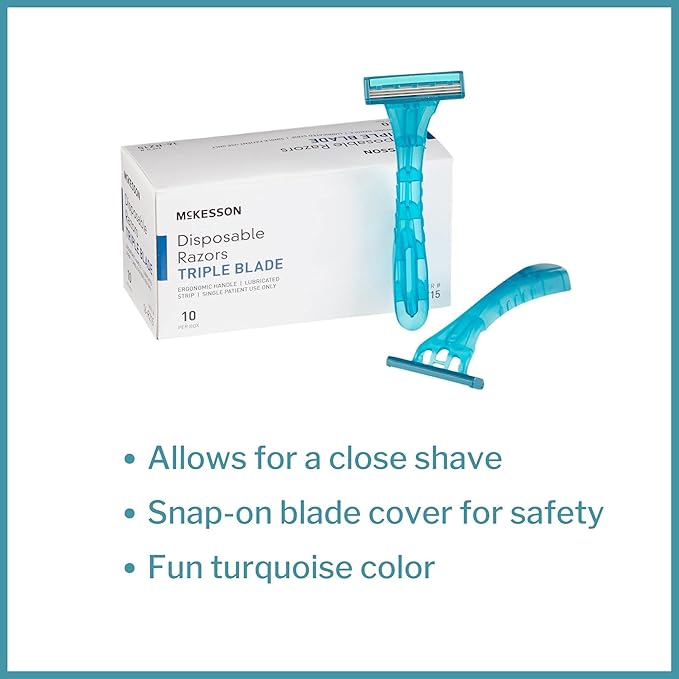 McKesson Disposable Razors, Stainless Steel Triple Blade, Lubricated Strip, Ergonomic Handle, Turquoise, 10 Count, 1 Pack