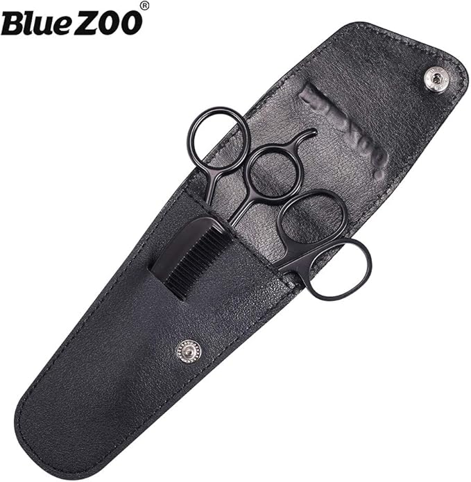BlueZOO Beard Mustache Scissors and Comb Kit with PU Storage Bag, Rounded Safety Nose Hair Scissor for Men and Women Care Grooming, Ear Trimming Tool, Shears for Personal Grooming, Cutting & Styling