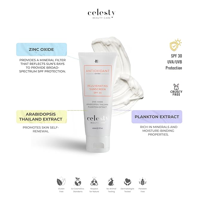 Celesty Beauty AntiAging Sunscreen SPF30 Ocean Based Extract Cream Sunburn & Aging Defense, Broad Spectrum Lightweight, Moisturizing Mineral Sunblocker, Antioxidant Face Large 2 Fl Oz Sunscreen.
