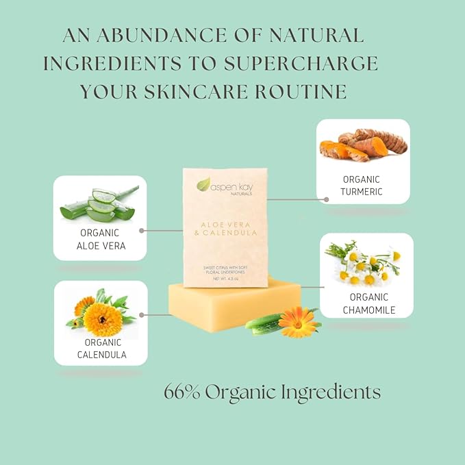 Aloe Vera & Calendula Soap, Natural & Organic Ingredients, Organic Aloe Vera, Calendula & Turmeric Soap. Use for Face & Body. for Men, Women & Teens. Gentle Face Wash. (Pack of 6)