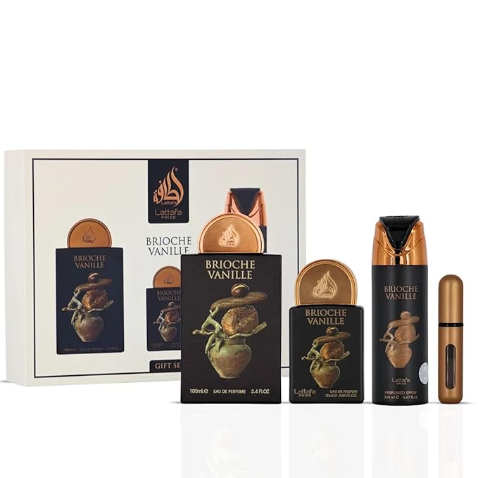 Lattafa Pride Brioche Vanille 3-Piece Gift Sets – Long Lasting Arabian Perfumes for Unisex – Eau de Parfum & Perfumed Spray – Elegant Ladies Perfume with Floral & Woody Scents – Premium Gift Box