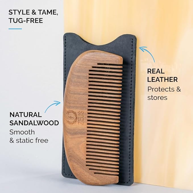 ZEUS Sandalwood Beard Comb for Men, Natural Wooden Comb with Leather Sheath, Travel-Friendly & Anti-Static Grooming Tool (S31)