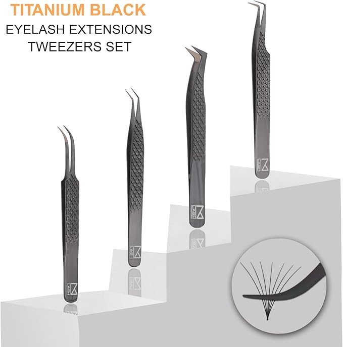 M LASH Tweezers for Eyelash Extensions (Set of 4) - Professional Lash Extension Tweezers - Fiber Tip, Japanese Steel, Diamond Grip Eyelash Extension Tweezer set (Black)