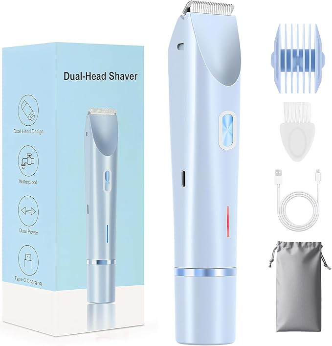 Bikini Trimmer for Women, 2-in-1 Dual Head Shaver Women, IPX7 Waterproof Gentle Electric Razors for Sensitive Areas, Cordless Hair Removal for Shower & Travel, Holiday Gift (Blue)