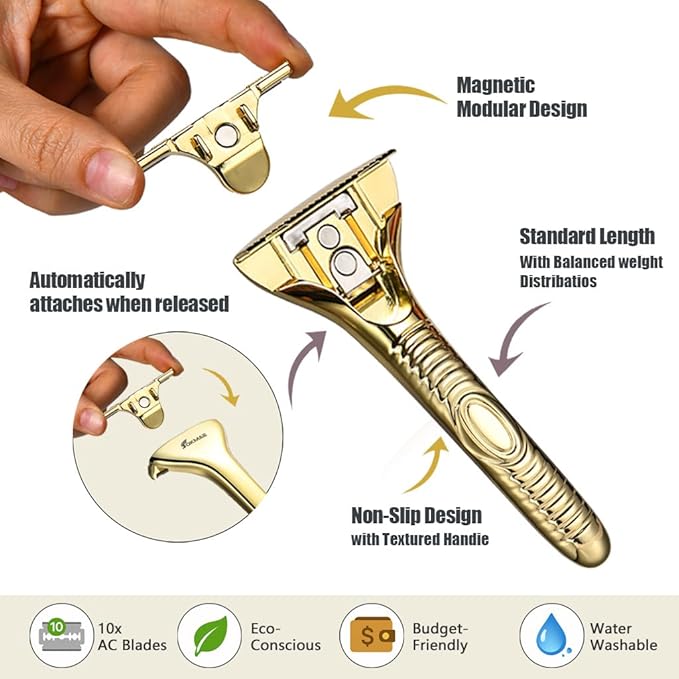 Single Blade Razors for Men and Women, Reusable Modular Safety Razor with Magnetic Head and Metal Non-Slip Grip, 10 Single Edge Razor Blades & Leather Case,Gold Roller
