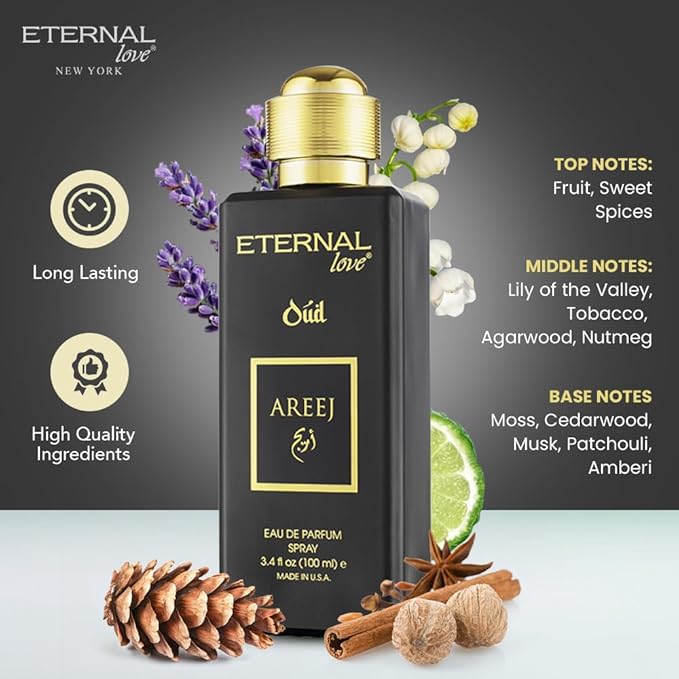 Eternal Love Areej Oud - Long Lasting Unisex Eau de Parfum - Warm Spicy Oriental Fragrance with Oud & Tobacco - Dubai Inspired Arabic Scent - 3.4oz