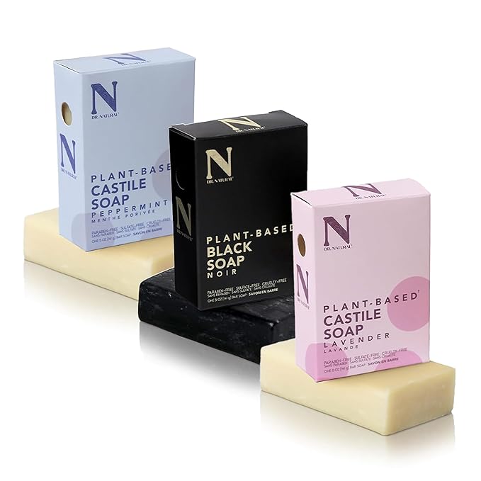 Dr. Natural Castile and Black Bar Soap Set - Multipurpose Soap Bar with Anti-Acne Properties - Lavender, Peppermint, Black Soap - 3 pc