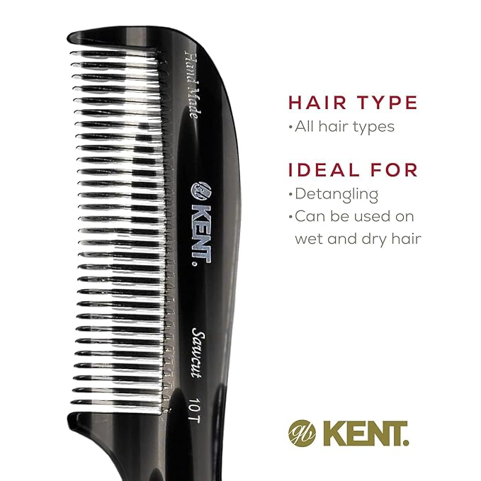 Kent 10T Graphite Large Detangler Comb, Handmade Wide Tooth Comb for Curly and Thick Hair, Detangling Combs For Wet and Dry Hair, Saw-Cut and Hand Polished Handmade in England