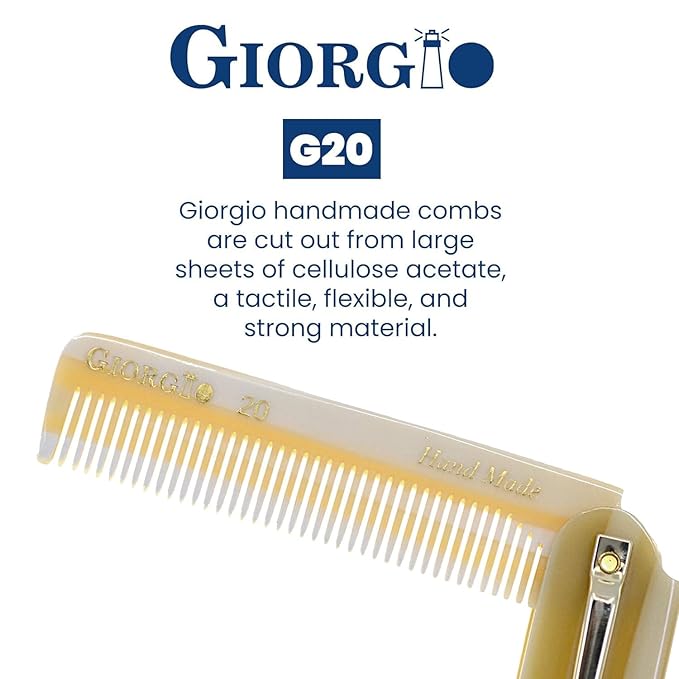 Giorgio G20 Fine Tooth Folding Mustache and Beard Comb 6.5 Inches - Small Pocket Comb for Everyday Hair Care and Styling - Sawcut and Hand Polished (Ivory)