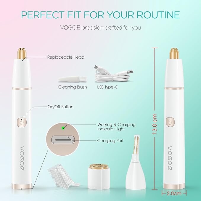 VOGOE Eyebrow Trimmer for Women, 3-in-1 Electric Eyebrow Razor & Facial Hair Remover, Painless Rechargeable & Portable for Brows, Peach Fuzz, Lips and Chin (White)