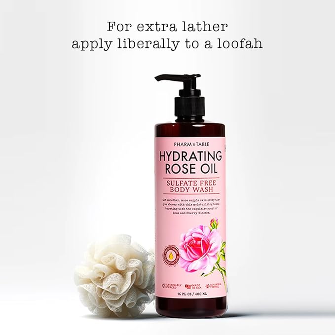 Hydrating Rose Oil Body Wash for Women and Men - Hydrates and Brightens the Skin, Sulfate Free, 100% Cruelty Free, 480ml