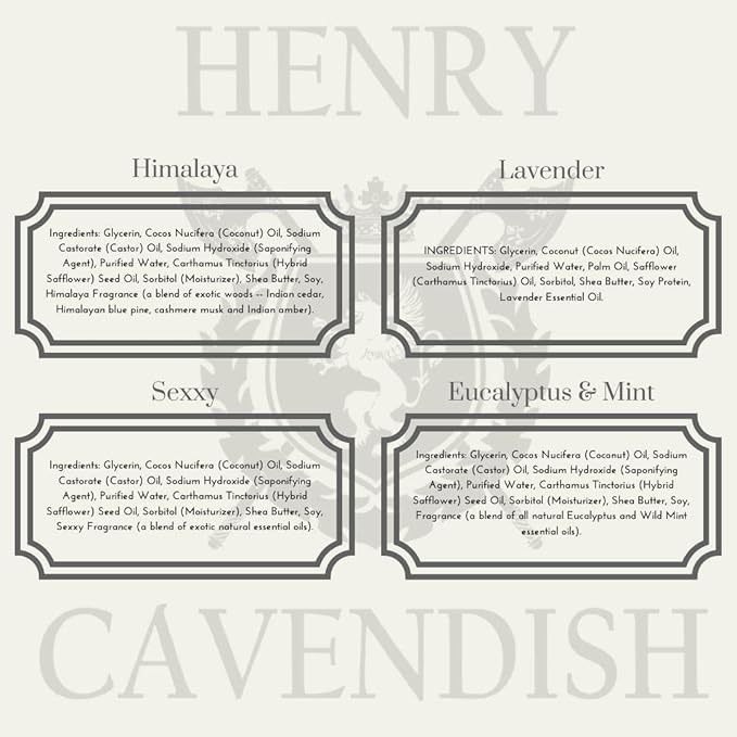 Henry Cavendish 4 Pack Shaving Soap with Shea Butter & Coconut Oil, 4 Long Lasting 3.8 oz Puck Refills. One of each Himalaya, Lavender, Eucalyptus/Mint and Sexxy Frangrances.