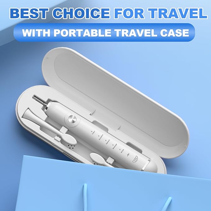 JTF Sonic Electric Toothbrush for Adults: 5 Customized Modes for Effective Yet Gentle Cleaning, 2 Types of Heads for Sensitive Teeth & Braces - with Travel Case and Wireless Charging for Daily Care
