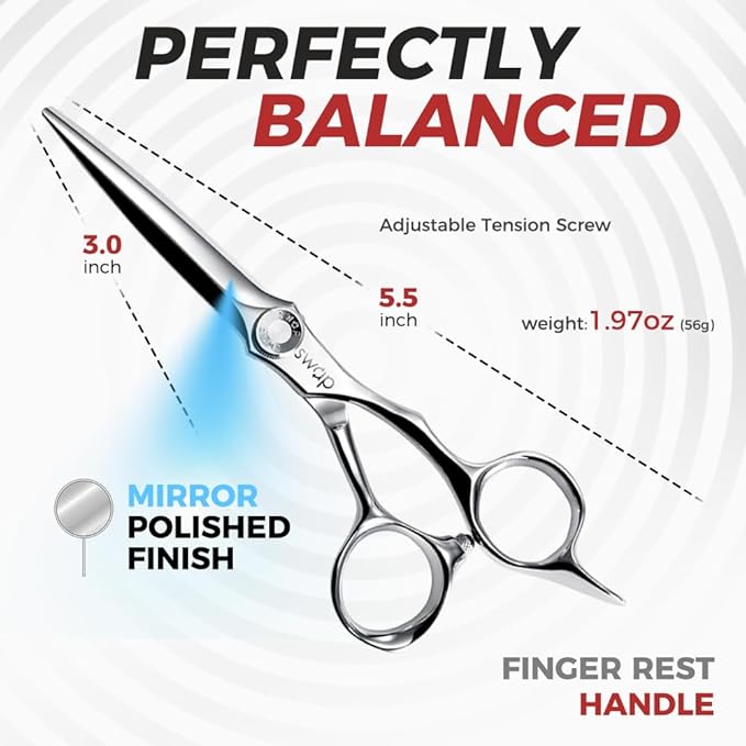 SWAP Professional Hair Cutting Scissors - 5.5'' Japanese SUS 440C Steel Barber Scissors, 60-62HRC Sharp Edge Blade with Adjustable Tension Screw for Salon & Home Use（5.5'' Hair Shears）