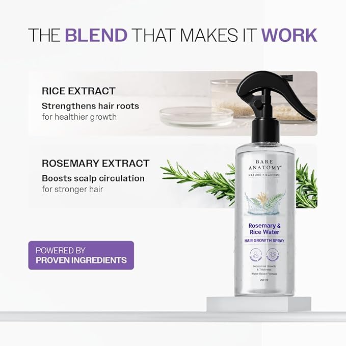 Bare Anatomy Nature x Science Rosemary Water Spray for Hair Growth & Hair Thickness with Rice Water |100% Natural Extract | Soft & Smooth Hair| Controls Hairfall| Non-Greasy & Fast Absorbing | 200ml