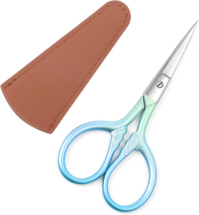 Small facial hair scissors, stainless steel (blue) versatile retro beauty kit for men's and women's bathrooms, nose hair, eyebrows, eyelashes, beard trim, with PU sheath
