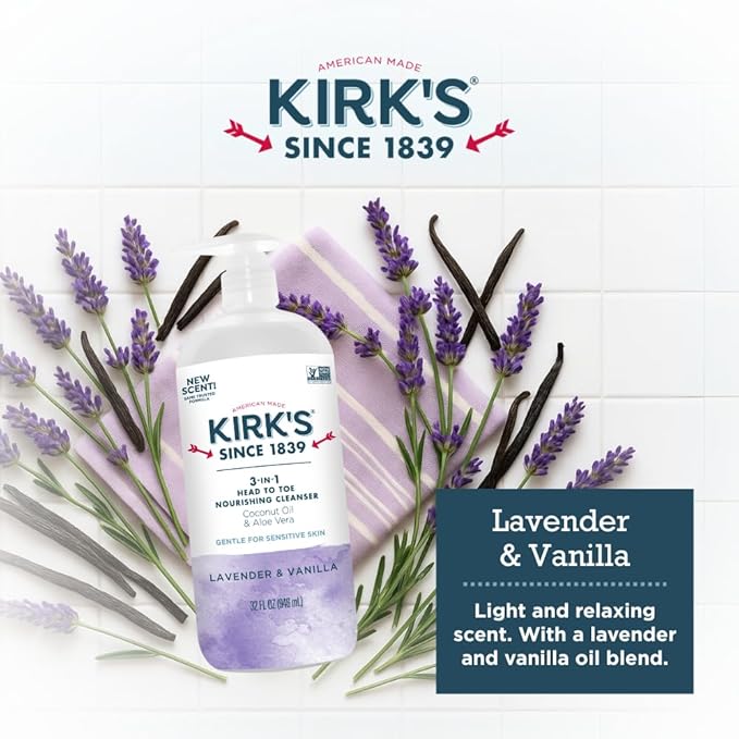 Kirk's 3-in-1 Head to Toe Nourishing Liquid Cleanser- for Men, Women & Children - Premium Coconut Oil & Aloe Vera- Non GMO & Vegan - Lavender and Vanilla - 32 Fl Oz. - 2 Pack