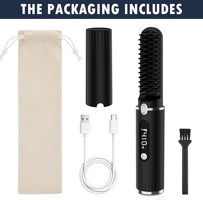 Beard Straightener for Men - Cordless Heated Beard Straightening Comb with LCD, Beard and Hair Straightener Brush Hot Comb, Anti-Scald & Automatic Shut-Off, Portable for Travel