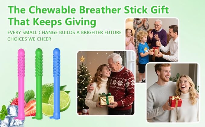3PCS Chewable Sticks with Essential Oil, Chewable Slicone Sticks for Fresh Breath, Portable Breath Freshener with 9 Replacement Cores, Chewable Essential Oil Breath Stick Travel-Friendly