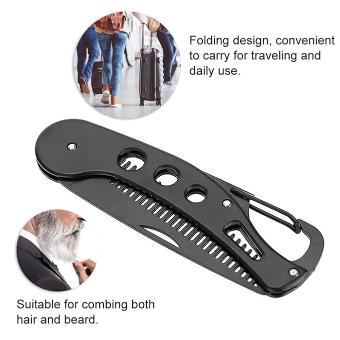 Stainless Steel Folding Beard Comb, Portable Multifunction Anti Static Comb for Men Mustache Styling
